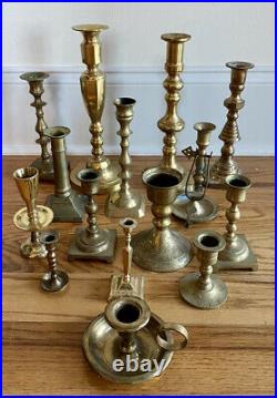Mixed Lot of 15 Solid Brass Candle Holders Candlesticks Shiny Patina Reception