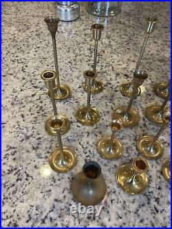 Mixed Lot of 17 Vintage Skinny Solid Brass Candlesticks Patina & Shiny