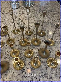 Mixed Lot of 17 Vintage Skinny Solid Brass Candlesticks Patina & Shiny