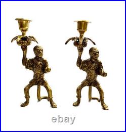 Monkey Brass Candholder Pair Vintage Set Home Decor Gift