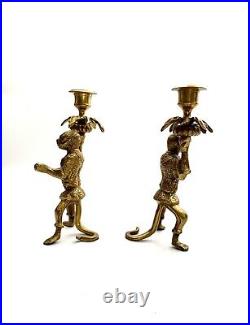 Monkey Candholder Vintage Brass Pair Set Home Decor Gift Grand Millennial Style