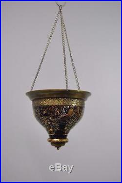 Morroccan Style Hanging Painted Purple Glass and Brass Candle Holder