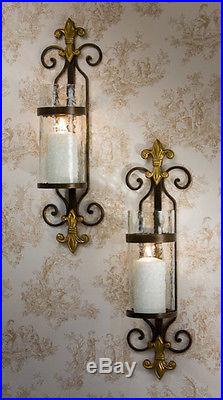 NEW TUSCAN FRENCH FLEUR DE LIS BRASS ACCENT IRON Candle Holder Wall Sconce SET/2