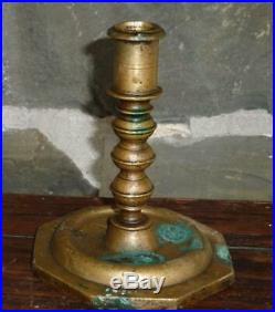 NICE ANTIQUE 17th CENTURY BRASS CANDLESTICK LIGHTING CANDLE HOLDER PRIMITIVE