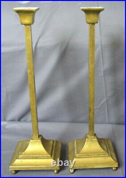 Nice Pair Tall Antique Vintage Brass Mission Style Candlesticks 14