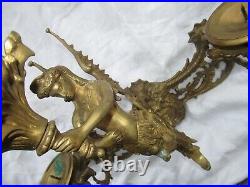 Old Solid Brass Ornate Serpent 3 Candle Wall Sconce