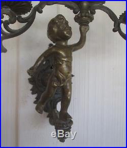 Old Vintage Solid Brass Cherub Wall Candle Sconce Holders Pair Italian Style