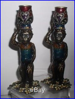 Olivia Riegel Brass enameled jeweled monkey candle sticks set of 2