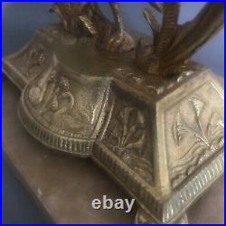 Ormolu Brass 3 Arm Heron Candle Holder Marble Antique Candelabra Art Nouveau