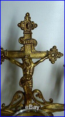 Ornate Brass Crucifix Altar Cross Holy Water Vessel Candle Holder Religious Icon