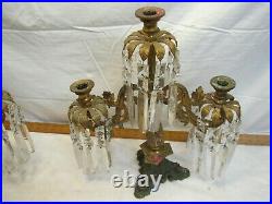 Ornate Brass Mantle Luster Candlestick Taper Candle Holder Crystal Prisms Lustre