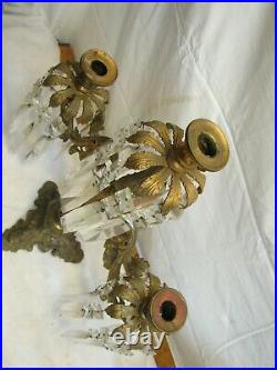Ornate Brass Mantle Luster Candlestick Taper Candle Holder Crystal Prisms Lustre
