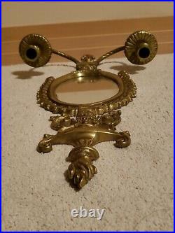 Ornate Brass Wall Sconce with Mirror & Candle Holder 24h Pair Vintage