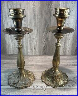 Ornate Floral Unmatched Pair of 2 Heavy Brass Candlesticks Wedding 20 Inch Tall