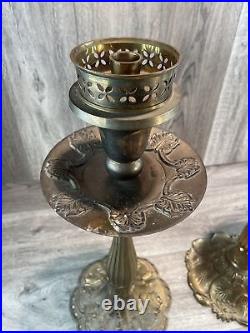 Ornate Floral Unmatched Pair of 2 Heavy Brass Candlesticks Wedding 20 Inch Tall