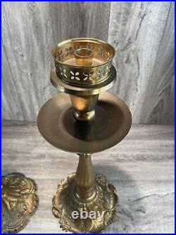 Ornate Floral Unmatched Pair of 2 Heavy Brass Candlesticks Wedding 20 Inch Tall