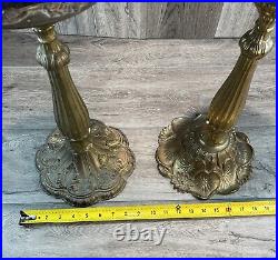 Ornate Floral Unmatched Pair of 2 Heavy Brass Candlesticks Wedding 20 Inch Tall