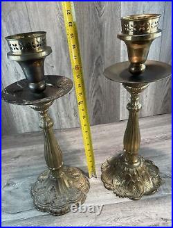 Ornate Floral Unmatched Pair of 2 Heavy Brass Candlesticks Wedding 20 Inch Tall