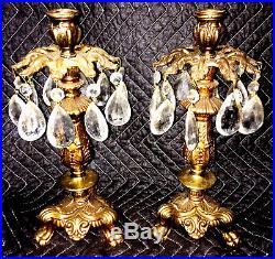 Ornate French Brass Candelabra Glass Teardrop Crystal Candy Dish Candle Sticks