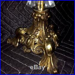 Ornate French Brass Candelabra Glass Teardrop Crystal Candy Dish Candle Sticks