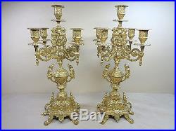 Ornate Gilt Italy Candelabras 5 Arm Brass Gothic Candle Holders 16