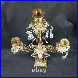 Ornate Girandole Brass Crystal Prism Victorian Candelabra Candle Holder Mid