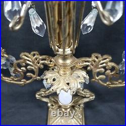 Ornate Girandole Brass Crystal Prism Victorian Candelabra Candle Holder Mid