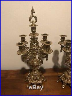 Ornate Vintage French Rococo Style Brass 5 Candle Candelabras Made in Italy