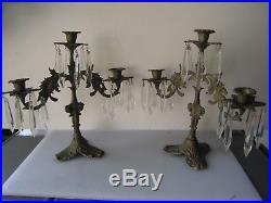 Ornate matching pair Vintage Solid Brass & Crystal Candelabra