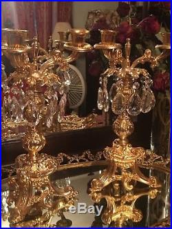 PAIR 14 Antique Ornate Brass BAROQUE Candelabras Candle Holder 3 ARM PRISM SALE