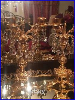 PAIR 14 Antique Ornate Brass BAROQUE Candelabras Candle Holders 3 ARMS PRISMS