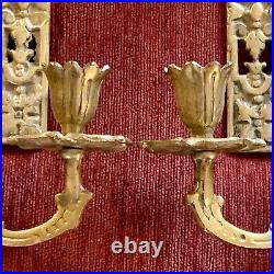 PAIR ANTIQUE MIRROR & BRASS CANDLE HOLDER WALL SCONES GILT DOLPHINS 23x8