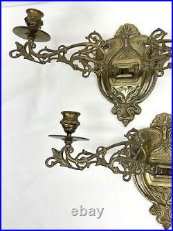 PAIR Antique Art Nouveau Brass Candle Holder Wall Sconces Victorian Deco Vtg Set