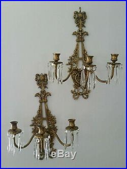 PAIR Antique Cast Brass Sconces Victorian Candle Bow Prisms French Dore' Chic