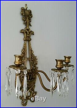 PAIR Antique Cast Brass Sconces Victorian Candle Bow Prisms French Dore' Chic