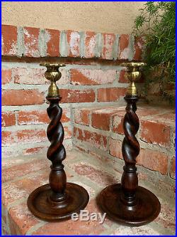 PAIR Antique English Oak Barley Twist Candlesticks Candle Holder Brass Thistle
