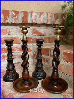 PAIR Antique English Oak Barley Twist Candlesticks Candle Holder Brass Thistle