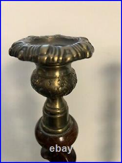 PAIR Antique English Oak Barley Twist Candlesticks Taper Candle Brass Thistle