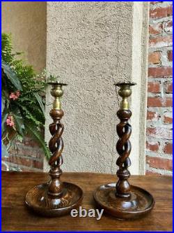 PAIR Antique English Oak OPEN Barley Twist Candlesticks Candle Holder Brass