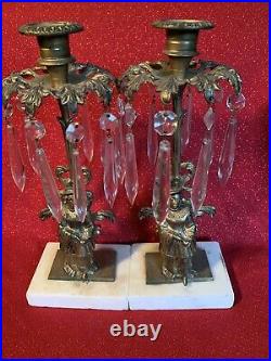 PAIR Antique Victorian Figural Brass Candle Stick W Prisms Bobeches Lustres