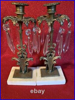 PAIR Antique Victorian Figural Brass Candle Stick W Prisms Bobeches Lustres