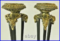 PAIR Antique/Vtg 21 Ornate Solid Brass Figural RAM'S HEAD Candle Stick Holders