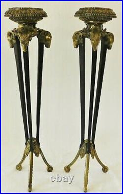 PAIR Antique/Vtg 21 Ornate Solid Brass Figural RAM'S HEAD Candle Stick Holders