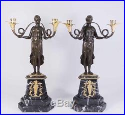 PAIR Brass Bronze French Empire Figural Candleholder Candelabras Marble