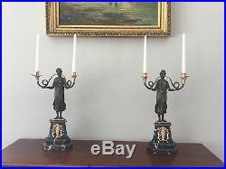 PAIR Brass Bronze French Empire Figural Candleholder Candelabras Marble