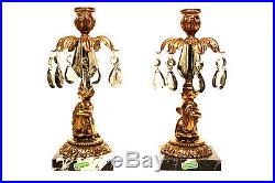 Pair Of Antique Italian Marble Base Crystal & Brass Cherub On Fish Candle Sticks