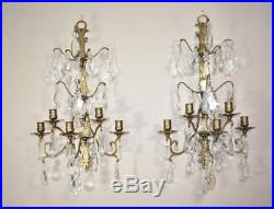 PAIR OF FRENCH STYLE CRYSTAL$ BRASS SCONCES With FLORAL DETAIL 5 CANDLE HOLDERS