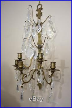 PAIR OF FRENCH STYLE CRYSTAL$ BRASS SCONCES With FLORAL DETAIL 5 CANDLE HOLDERS