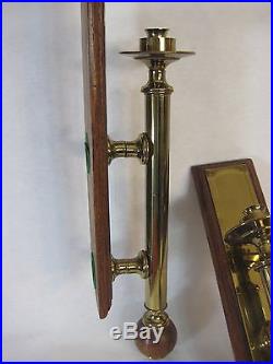 PAIR OF OLD VINTAGE RARE BRASS DOOR HANDLE ON WOOD WALL HANGING CANDLE HOLDERS