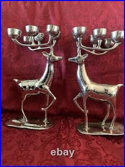 PAIR OF SILVER PLATED BRASS REINDEER Candle Holder Christmas Decor 13 3/4 Tall